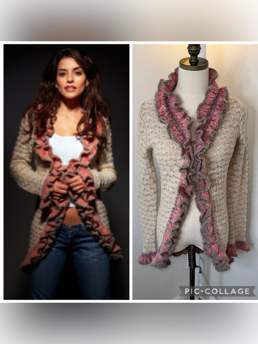 Free People Women’s Medium Crocheted Ruffle Wool Tan Cream Pink Cardigan Sweater